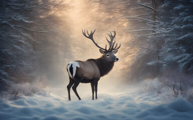 Noble stag in a snowy scene
