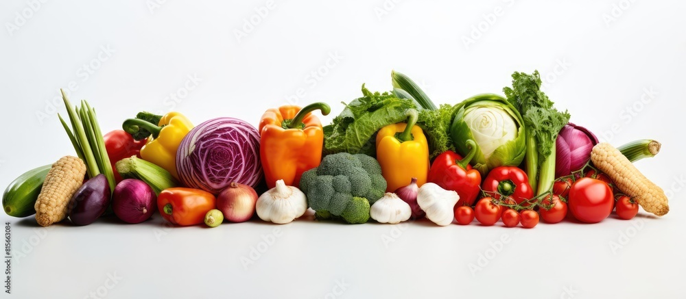 Poster a pile of assorted fresh vegetables is shown in a copy space image set against a white background
