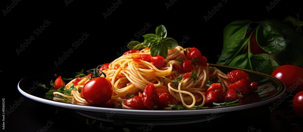Poster chilli tomatoes arugula spaghetti and parsley on a black background. copy space available