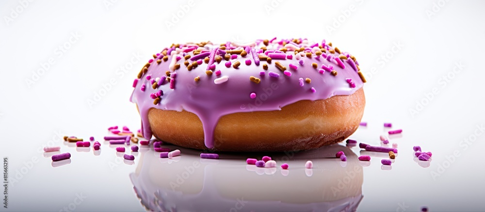 Poster donut or doughnut with purple sprinkles topping isolated on white background perfect for design elem