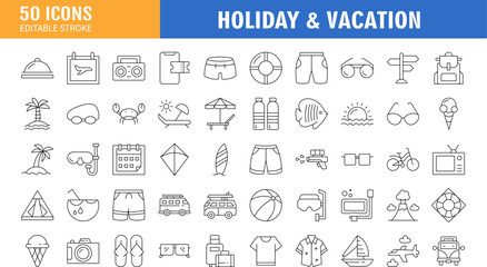Holiday And Vacation Icon Set. Sunset, Swimming Pool, Surfing, Spa, Hotel, Airplane Ticket, Travel Destinations. Editable Stroke. Vector illustration