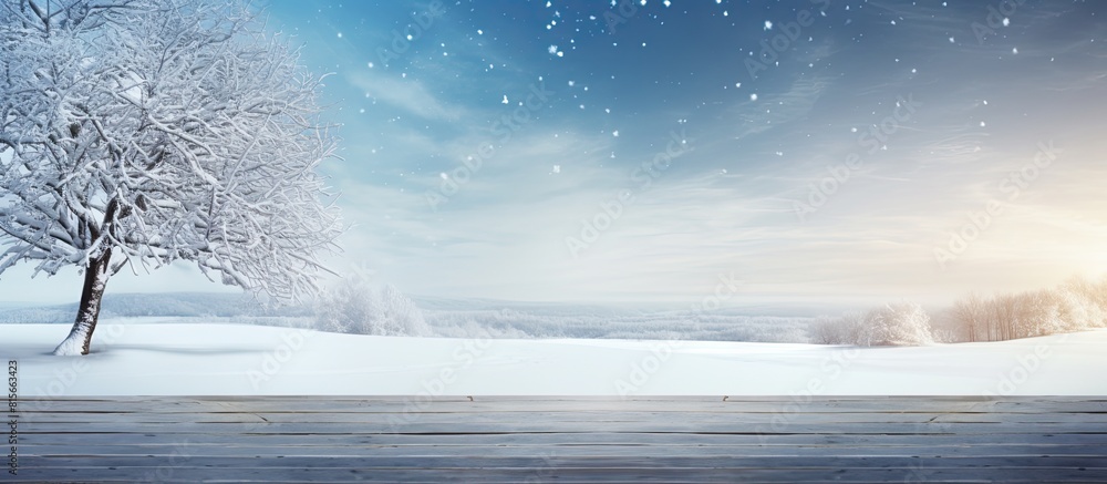 Poster A festive scene with a wooden table in the forefront surrounded by a snowy landscape and a beautiful tree in the background The image offers ample space for creative use