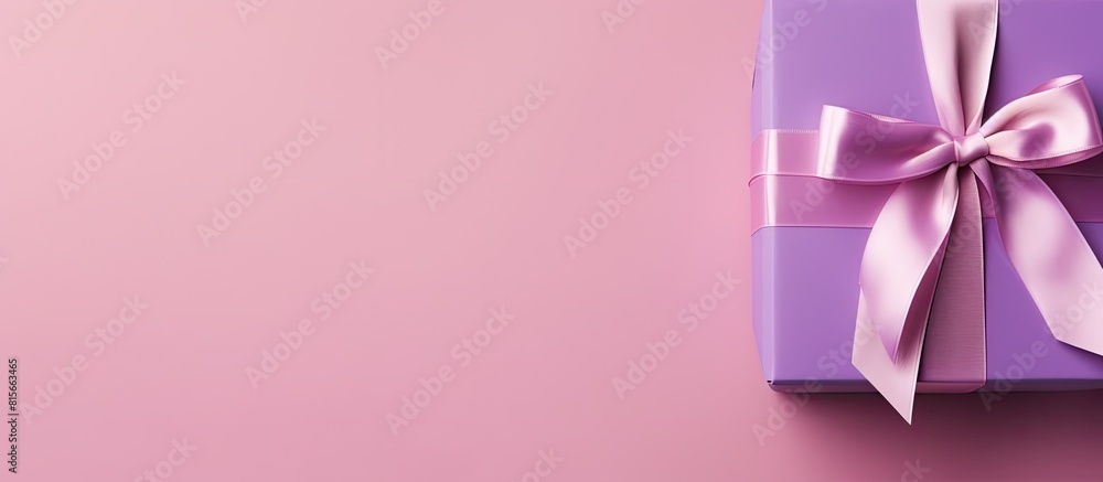 Poster Gift box with ribbon and bow on color background and space for text Top view. copy space available