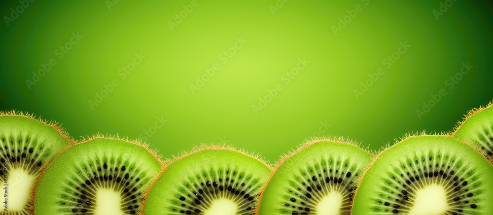 Poster Slice of green raw kiwi fruit background frame and border Copy space