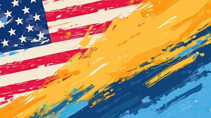 A painting of the American flag with a blue stripe and yellow stripe