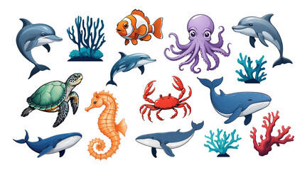 Obraz premium collection of aquatic animals and plants. vector illustration isolated on transparent background