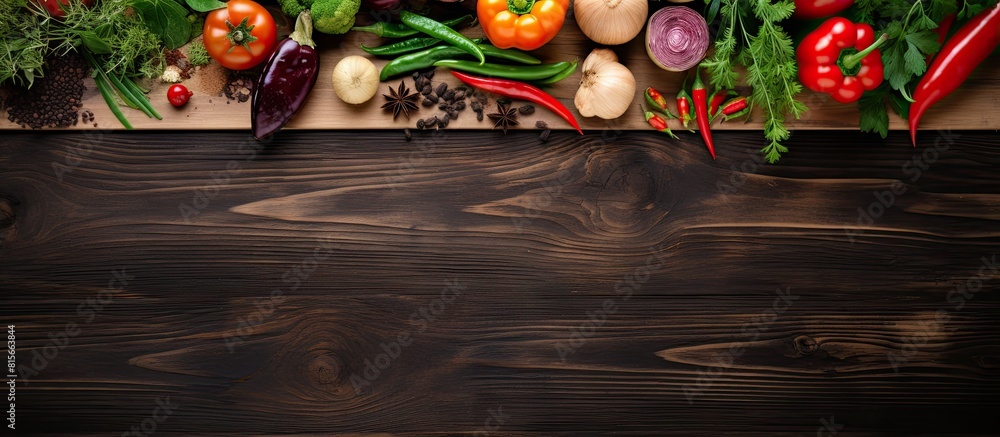 Poster Fresh herbs and vegetables on a wooden board creating a frame Healthy food background with space for copy text