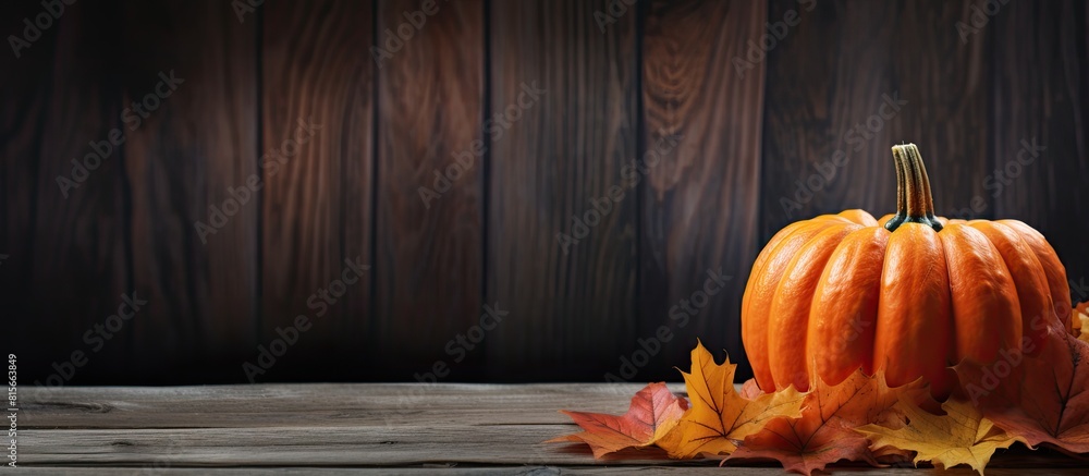 Poster Autumn leaves and pumpkin over old dark wooden background with copy space