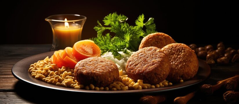 economy food rissole and buckwheat groats warm toned. copy space available