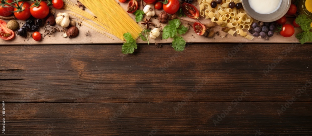Poster top down view of kitchen table showcasing a variety of ingredients for cooking pasta with ample copy