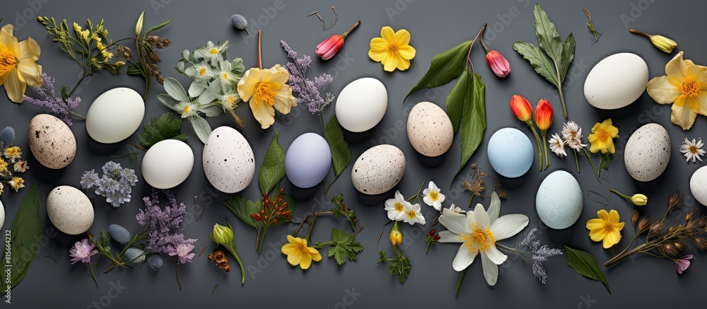 Poster Creative Easter egg composition with spring flowers eggs and green leaves Contenmporary style Flat lay Top view. copy space available