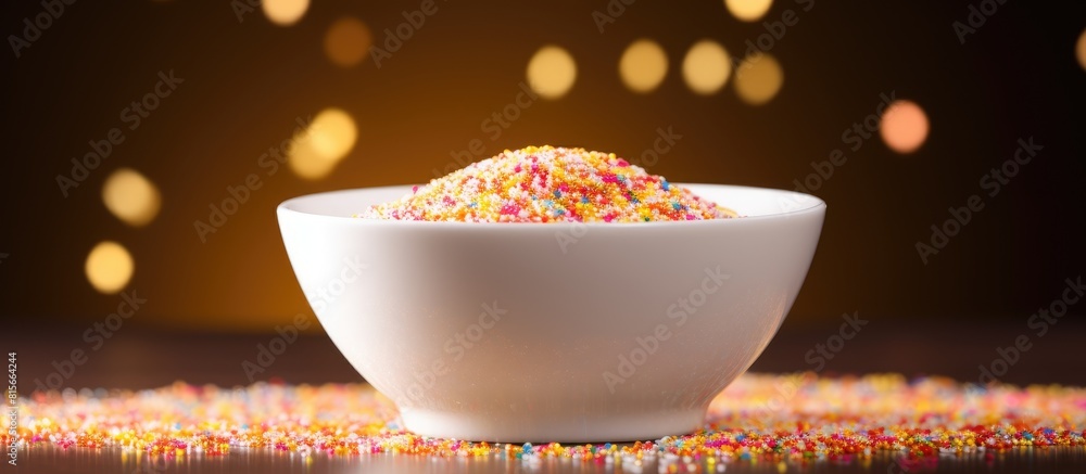 Wall mural Top view on bright colorful sugar sprinkles or confetti in white bowl as baking decor on golden background with copy space