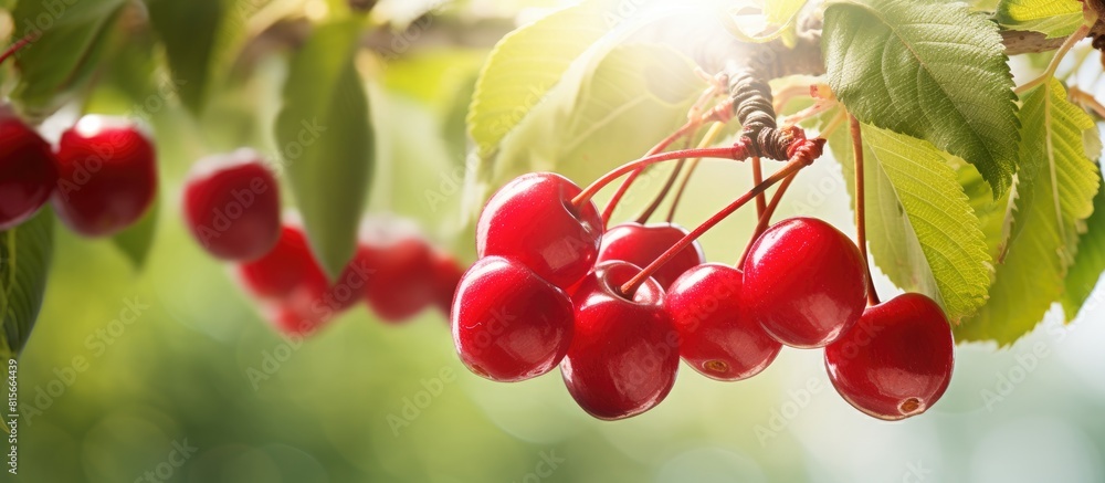 Poster Morello cherry berries lie on the background of a light tree Copy space for text