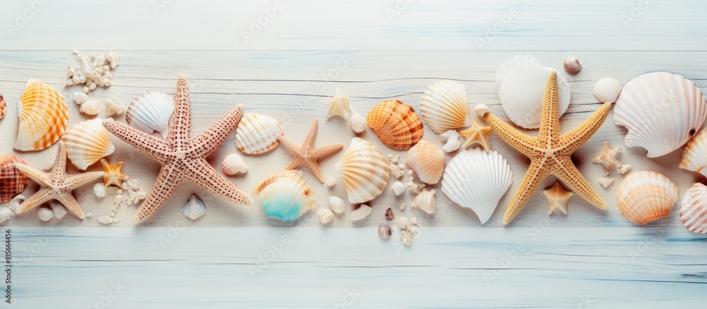 Leinwandbilder summer time concept flat lay composition with beautiful starfish and sea shells on colored table top