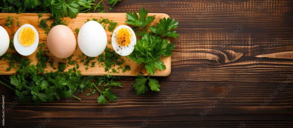 Poster boiled eggs with parsley on cutting board on a wooden table top view. copy space available