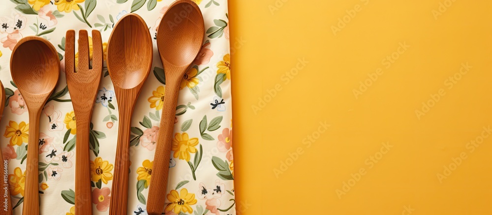 Aufkleber set of wooden kitchen utensils floral pattern cloth napkin on empty yellow background top view with 