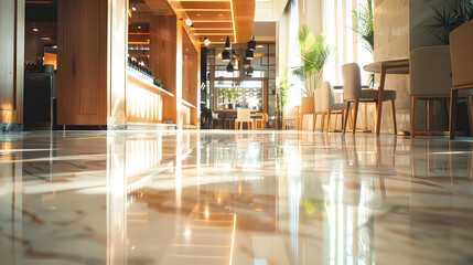 Light wooden and marble tile floor interior of modern cafe with double ceiling height Lobby bar in luxury design hotel hall with second split level : Generative AI - Powered by Adobe