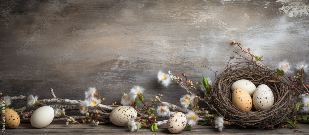 Poster easter background with eggs nest and catkins on old wooden background copy space