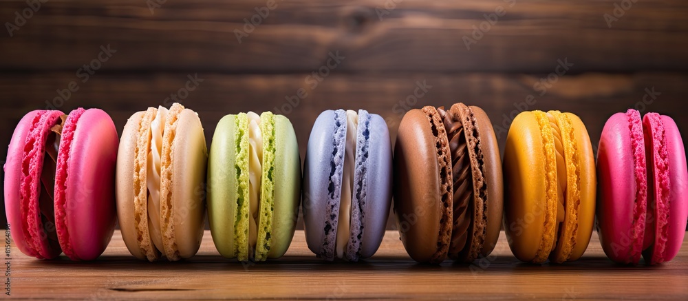 Poster vivid color macaroons on wooden table. copy space available