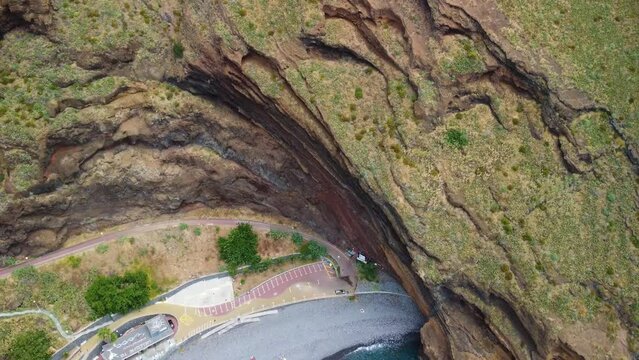 High drone footage of Garajau Beach and Garajau cable car in Canico, Madeira, Portugal