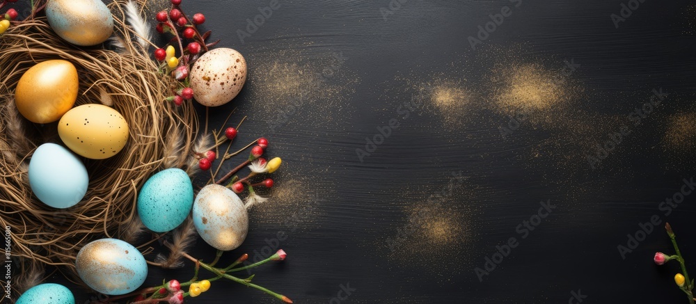 Aufkleber easter background with golden and colored eggs happy easter background top view high quality photo. 