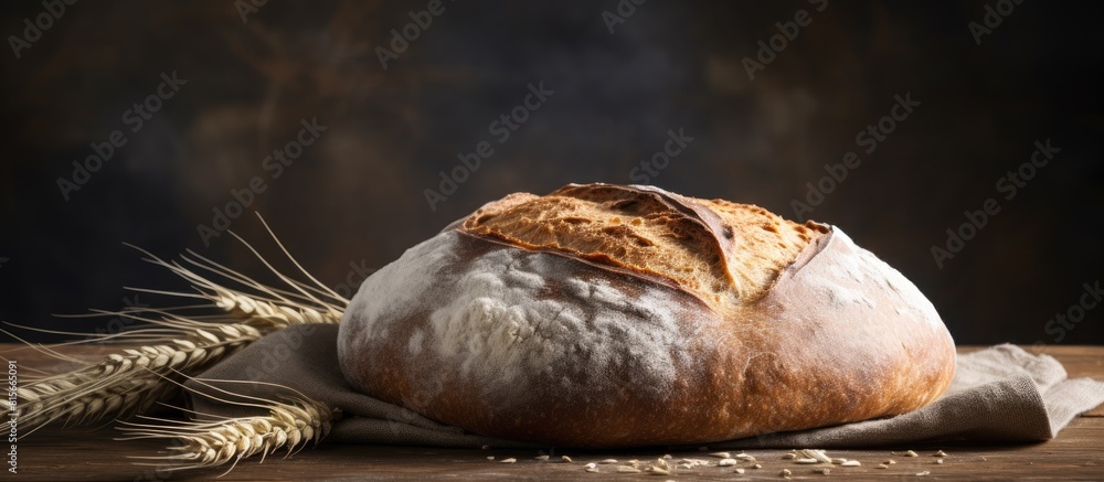 Aufkleber Horizontal copy space image of a rustic homemade wheat bread displayed on a wooden background with a muted grey hue
