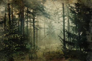 A forest scene immortalized in a vintage painting.