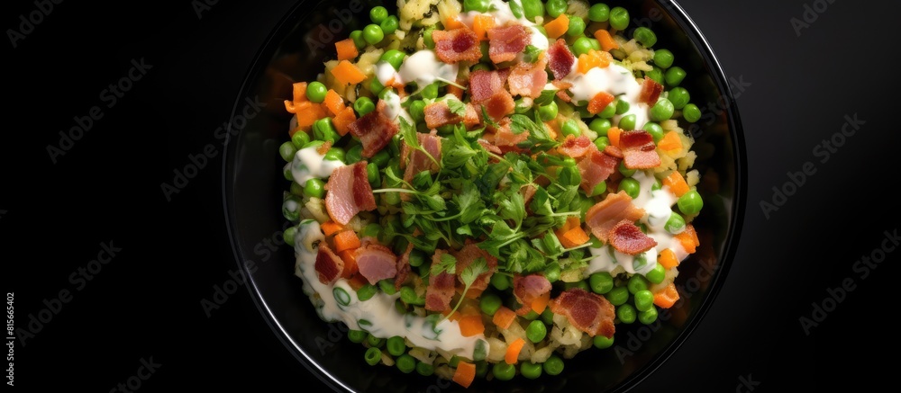 Aufkleber homemade creamy bacon pea salad in a bowl on a black surface top view flat lay overhead from above c