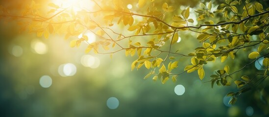 Sunny abstract green nature background with the bokeh of light through the trees as a background image. copy space available