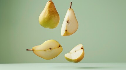 Pears Halved, Fresh Ripe, Floating in Air Against Green Background