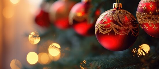 close up of christmas tree ornament balls decoration. copy space available