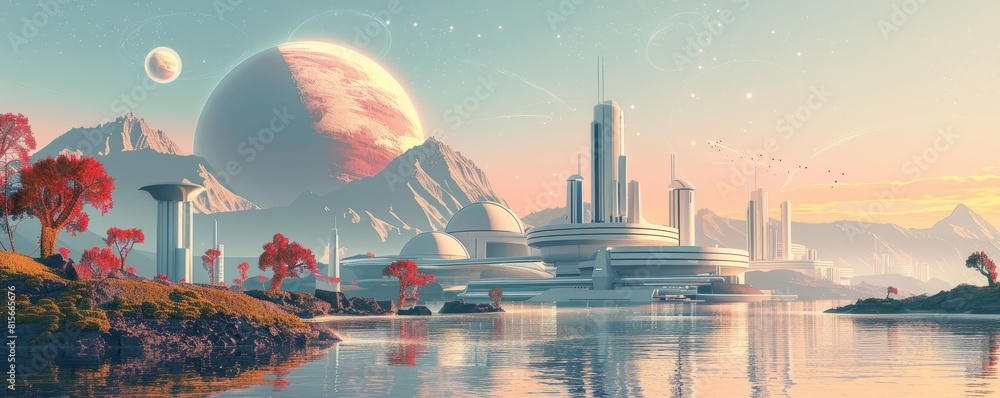 Poster a retro-futuristic utopia where advanced technology and sleek design merge seamlessly with natural l
