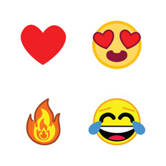Emoticon icons set. Smile, heart, love. set of emoticon icons. Emoticon sticker set includes heart, fire, smile and love. Graphic element sticker design emoticon icon.