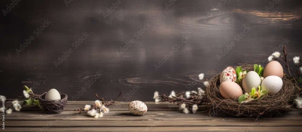 Poster easter background with eggs nest and catkins on old wooden background copy space