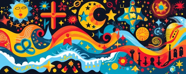 A vibrant mural depicting the peaceful coexistence of multiple religions, with symbols like the cross, crescent, Om, and Star of David intertwined in harmony. A mural of unity.   illustration