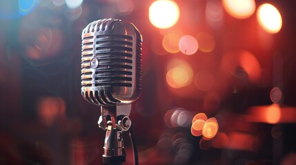 Retro silver microphone on stage with blurred red and yellow lights in the background.