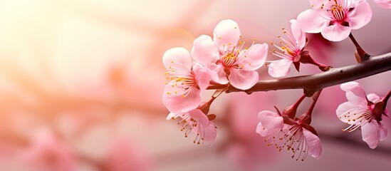 Obraz premium Beautiful sunlight effect on blooming pink almond flowers branch photo. copy space available