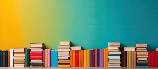 Brightly colored background with open hardback books perfectly suited for the back to school theme Ample copy space is available for text