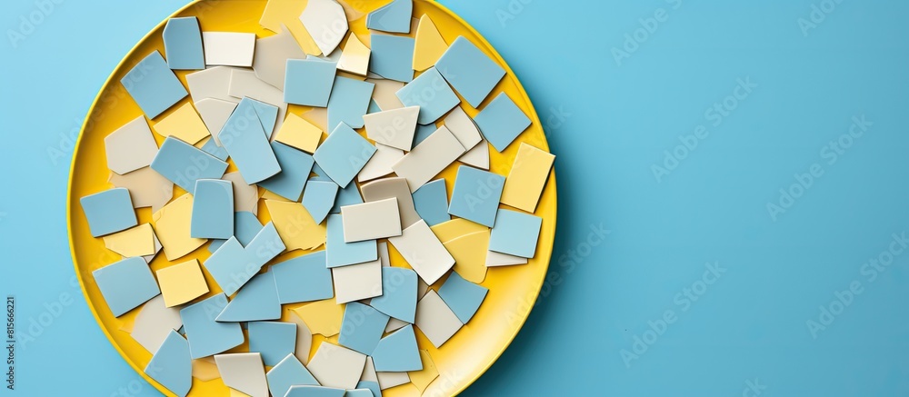 Poster pieces of broken light blue ceramic plate on yellow background top view space for text. copy space a