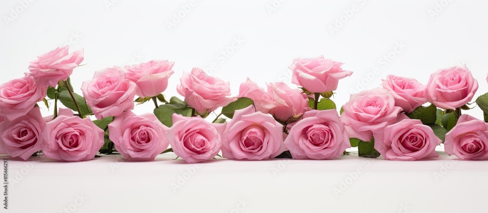 Poster pink roses on white background with free text space. copy space available