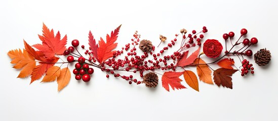 A composition of Autumn elements made by children featuring a wreath crafted from red leaves thuja twigs viburnum rosehips and berries The arrangement is laid flat on a white surface with a top down