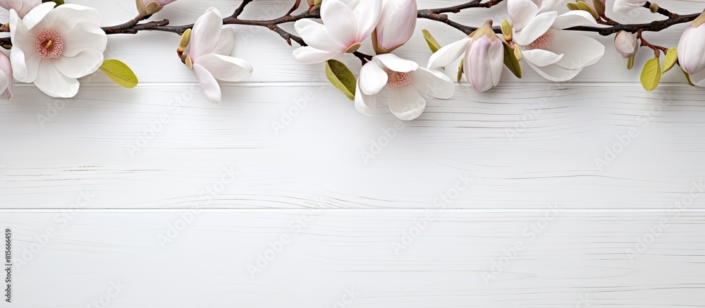 Poster magnolia tree branches with beautiful flowers on white wooden table flat lay space for text. copy sp