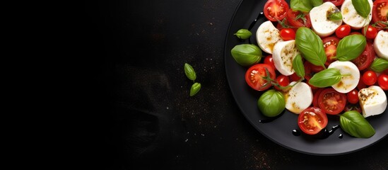 Mozzarella cheese basil and tomato cherry ready for cooking Caprese salad Dark background Top view Copy space
