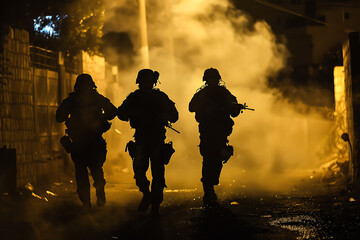 silhouette of soldiers on a rescue mission at night on the street