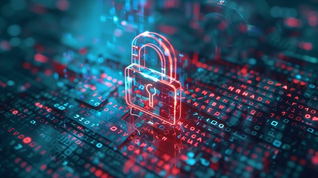 dns hijacking cyber security threat glowing red lock icon over keyboard binary code