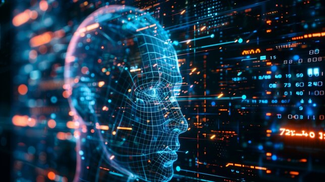 Ai-powered cyber attack, glowing blue head of ai cyborg on dark background binary code, symbolizing attack on digital network