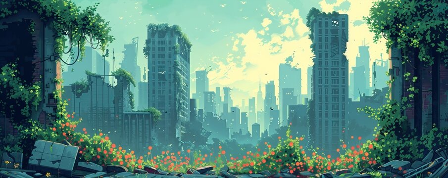 A post-apocalyptic cityscape where nature has begun to reclaim the land, its crumbling buildings now home to a new generation of life, as vines creep up the sides of skyscrapers and wildflowers bloom