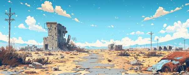 A post-apocalyptic wasteland where rusted remnants of technology lay scattered amidst the ruins, hinting at a civilization that once thrived.   illustration.