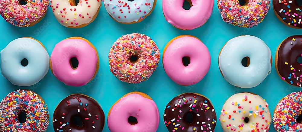 Poster colorful donuts on table with copy space top view of glazed doughnuts isolated