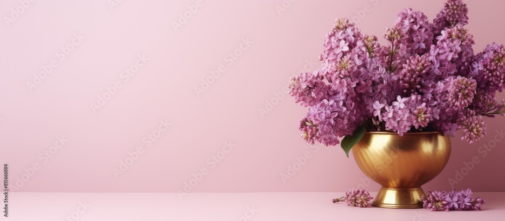 Poster on a pink background a bronze vase in the form of a cone and in it a bouquet of lilac. copy space av